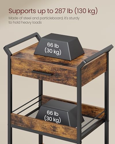 4-Tier Rolling Utility Cart with Table Top, Handles, Lockable Casters, Top Drawer, Mesh Shelves, Rustic Brown and Ink Black L185