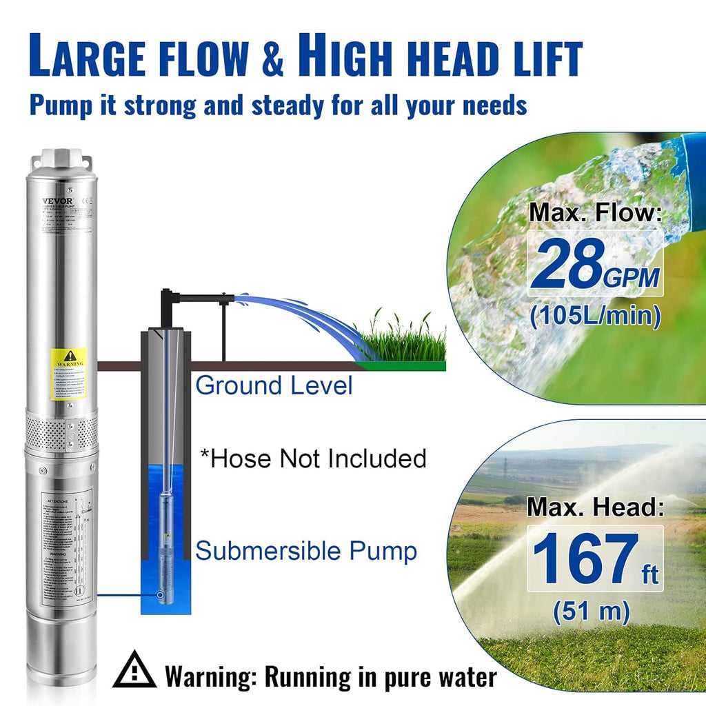 1HP 37gpm 207ft 0.5HP 28gpm 167ft Head 4" Stainless Steel Submersible Pump R724