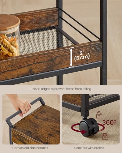 4-Tier Rolling Utility Cart with Table Top, Handles, Lockable Casters, Top Drawer, Mesh Shelves, Rustic Brown and Ink Black L185