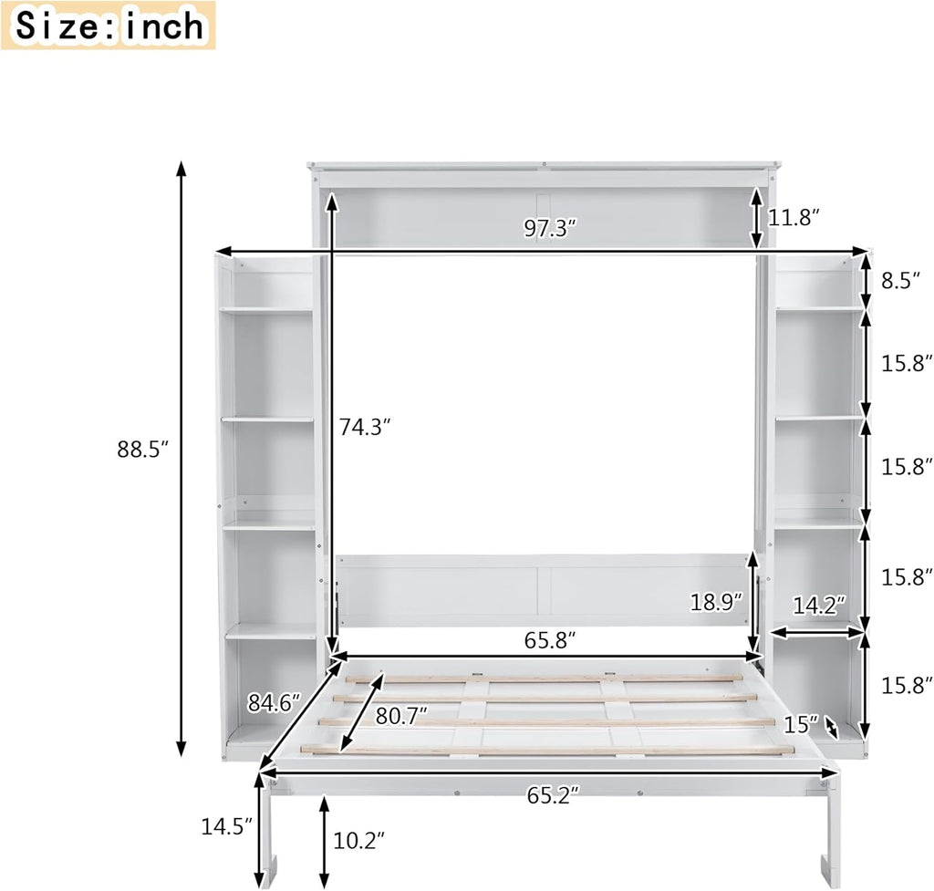 White Queen Size Wooden Murphy Bed with Shelves and LED Lights Z360166