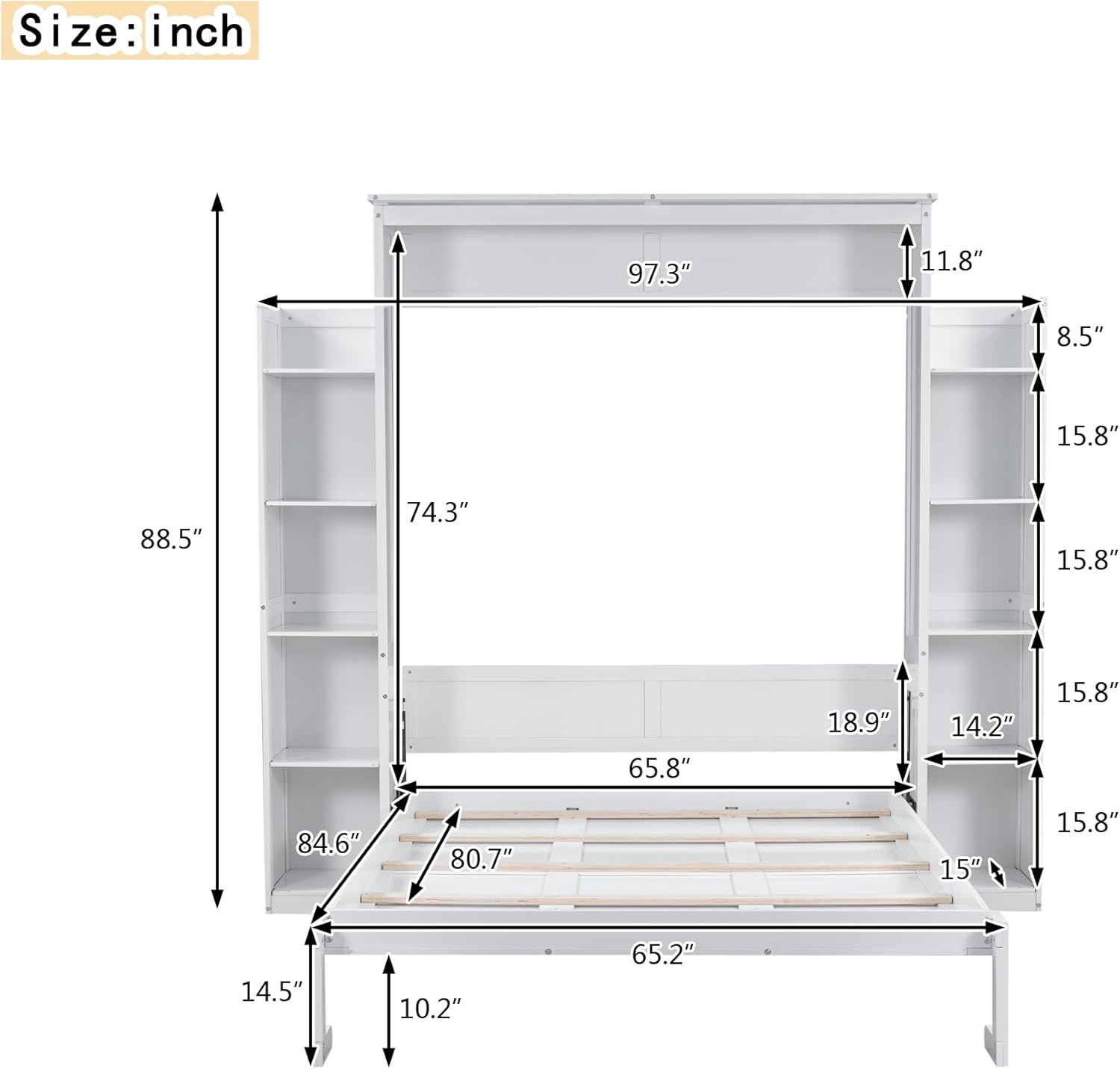 White Queen Size Wooden Murphy Bed with Shelves and LED Lights Z360166