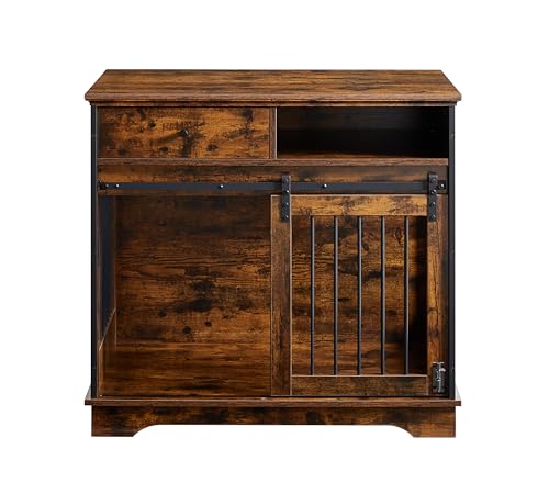 Brown Wood Dog Crate Furniture with Sliding Barn Door F511