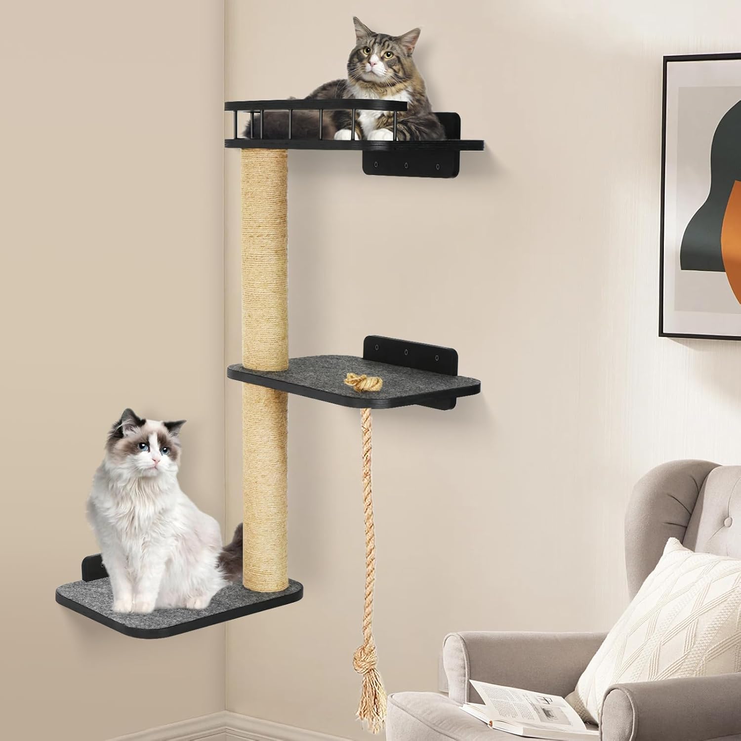 3-Tier Cat Wall Shelves with Scratching Post W627