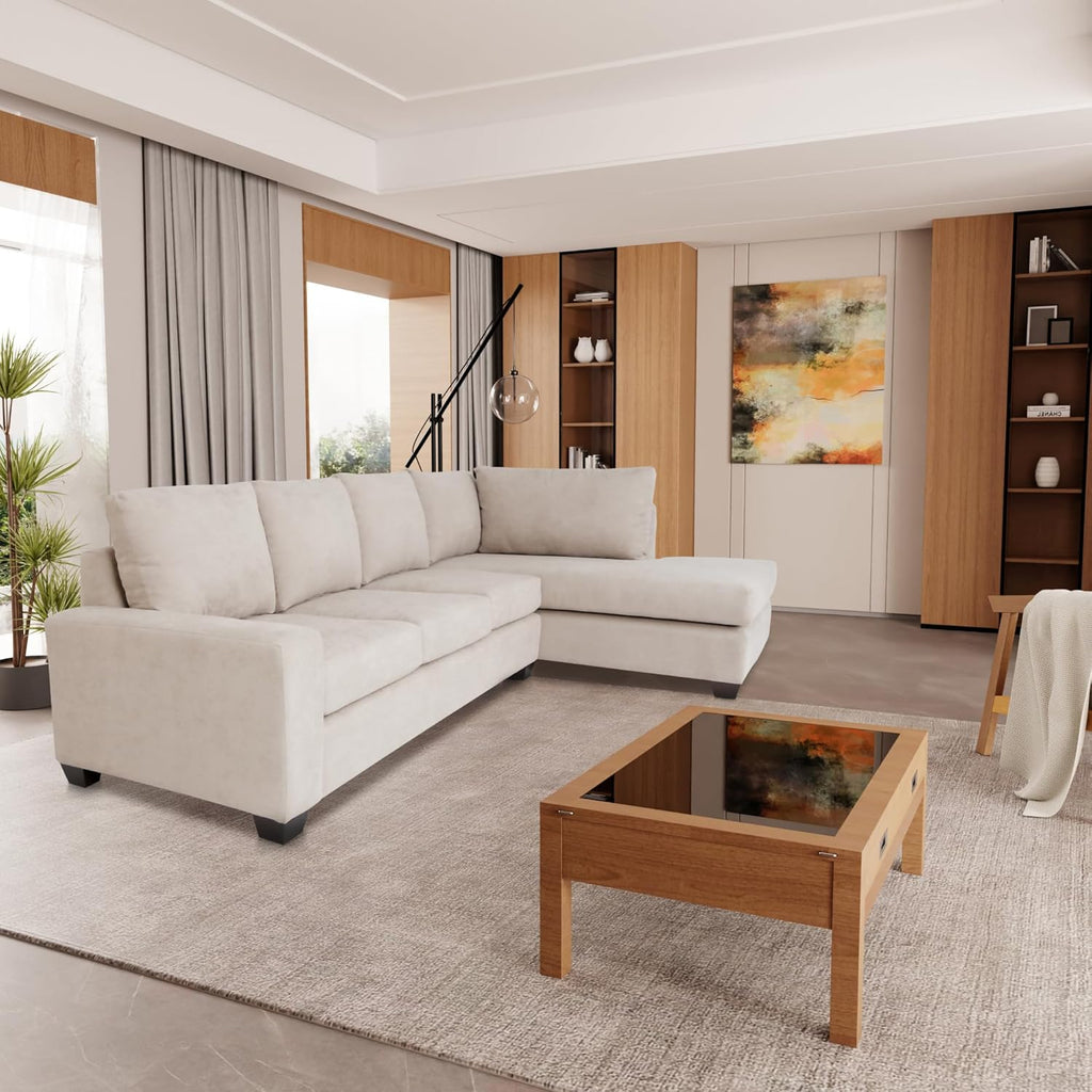 Tan Polyester Nylon L Shaped Sectional Sofa with Solid Wood Frame Q5220