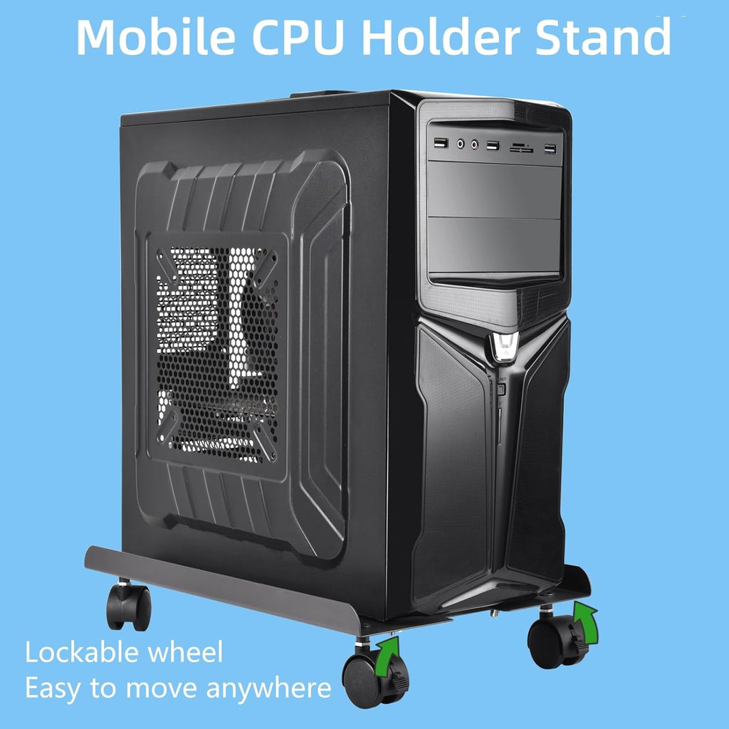 Black Adjustable Steel PC Tower Stand with 4 Locking Caster Wheels O1619