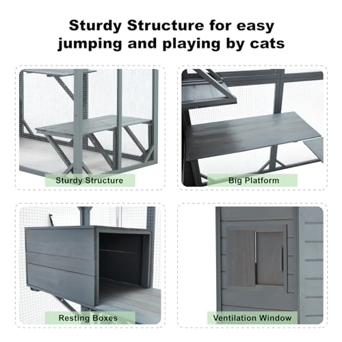 Large 4 Tiers Cat Enclosure with Weatherproof Roof, Grey Green K4460
