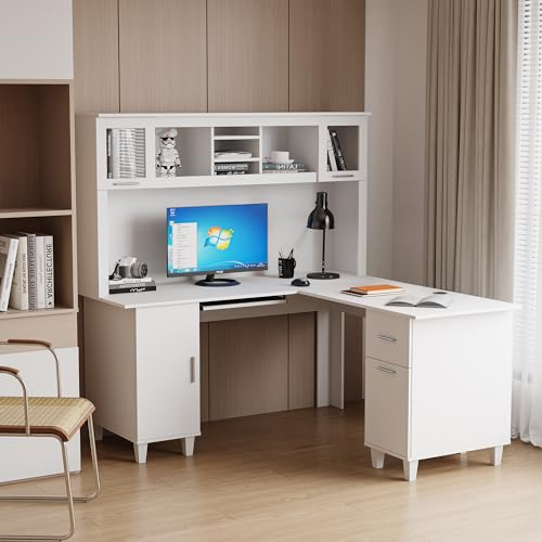 White Desk with Storage 2-Tier Open Shelves 1 Drawers and 1 Cabinet I7086