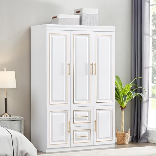 White Wood Storage Closet with Doors and Hanging Rod I83823