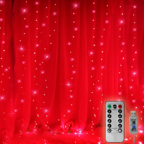 300 LED Curtain Christmas String Lights with Remote Control USB Power 8 Lighting Modes Red Lights 9.8ft x 9.8ft E59841