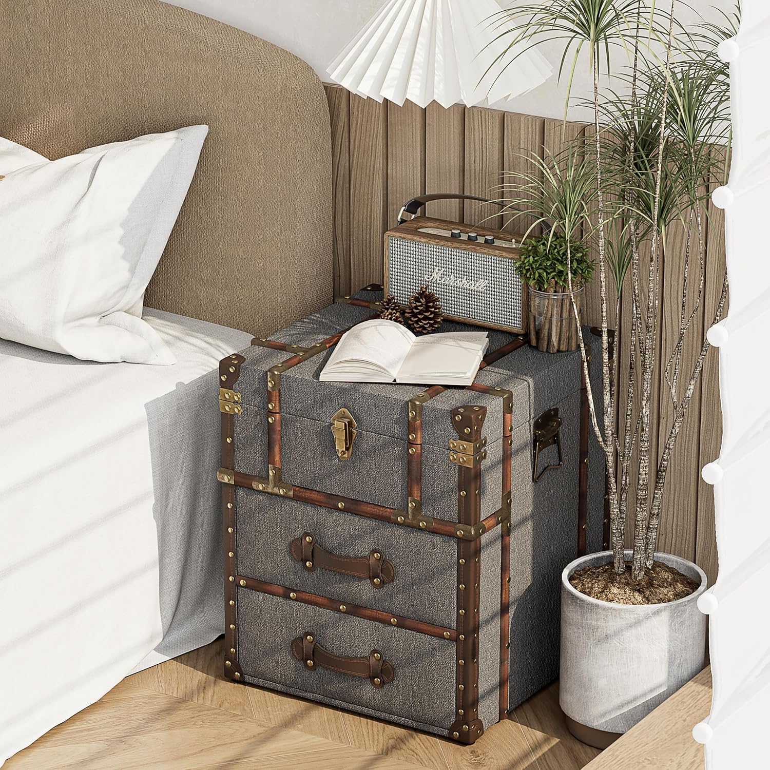 Grey Linen Storage Chest with Hinged Top J62841