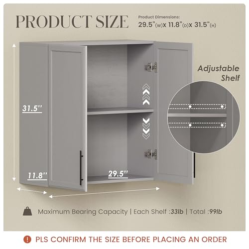 White 30" Wall Cabinet with Adjustable Shelf and Doors P848