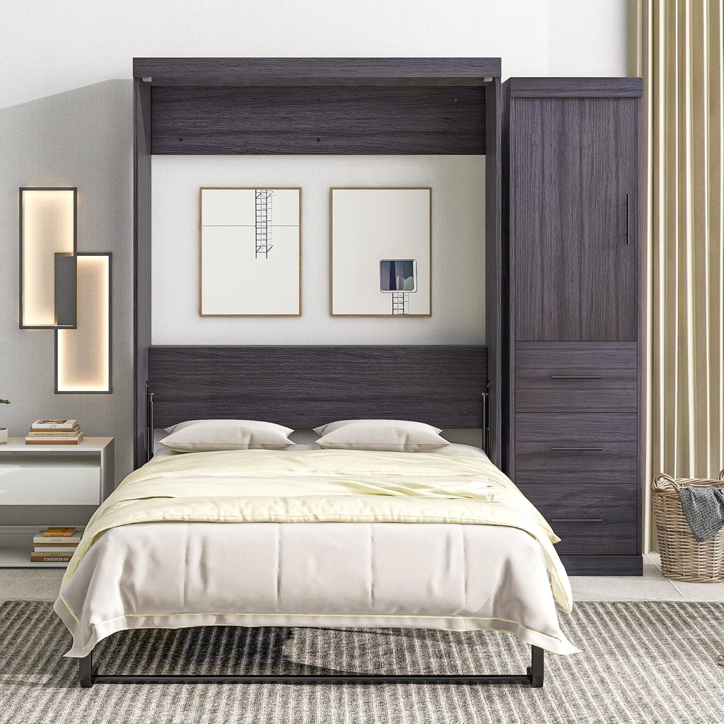 Gray Full Size Murphy Bed with Wardrobe and 3 Drawers T853257