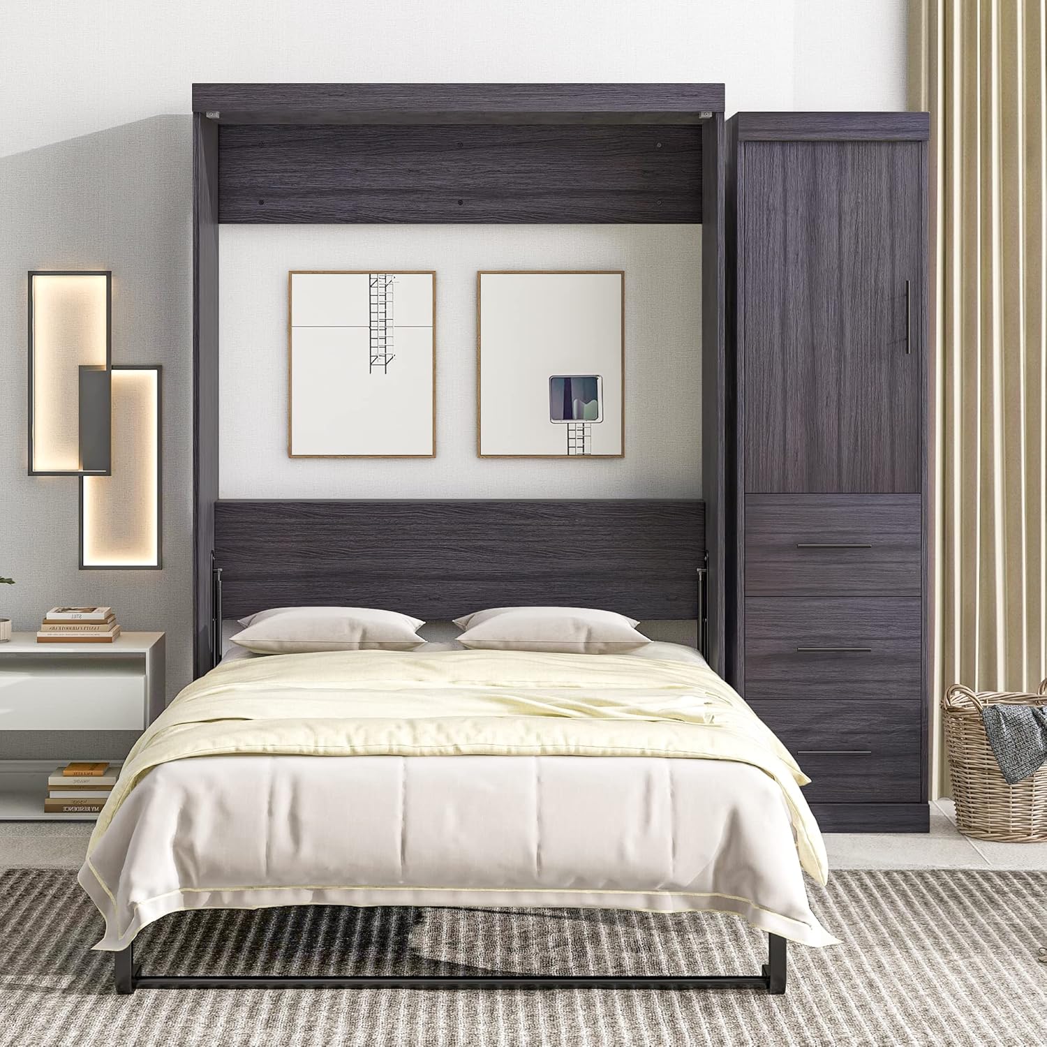 Gray Full Size Murphy Bed with Wardrobe and 3 Drawers T853257