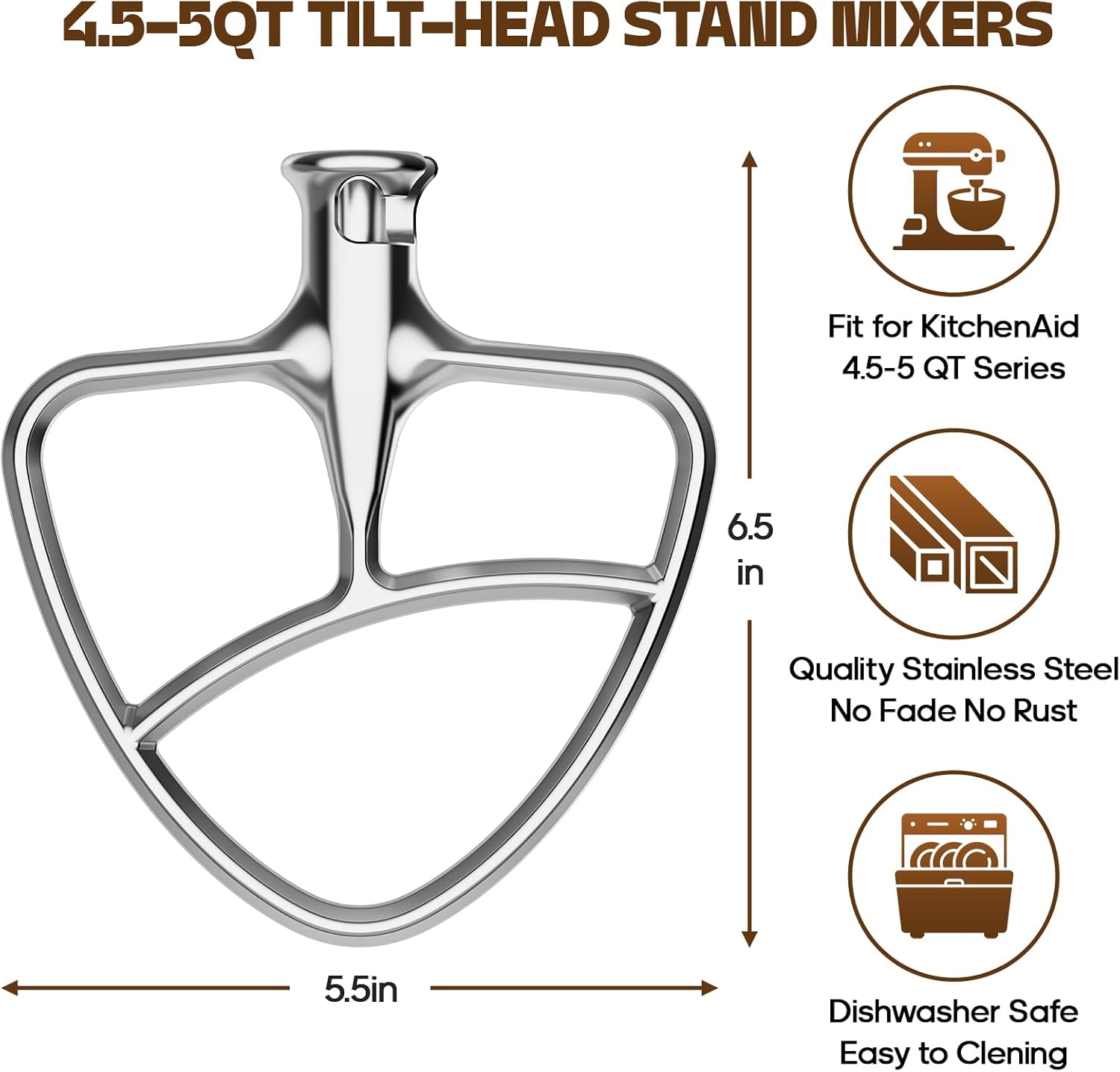 Stainless Steel Beaters for Kitchenaid Stand Mixer, 4.5-5Qt Tilt-Head Paddle Attachment I699880