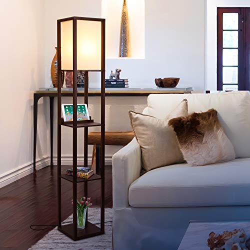 Black Shelf Floor Lamp with USB Ports and Shelves M5890
