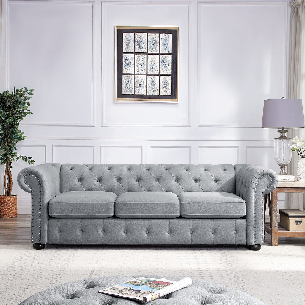 Light Grey 3-seater Tufted Sofa with Rolled Arms Y7095