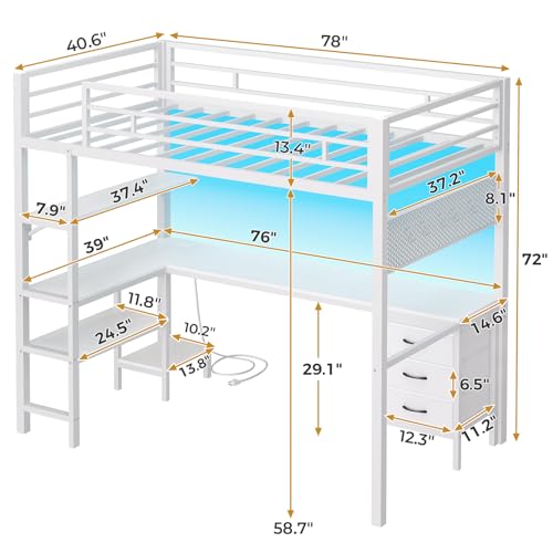 Twin Metal Loft Bed with L-Shaped Desk, LED Lights, Charging Station, Fabric Drawers & Shelves, White O61100