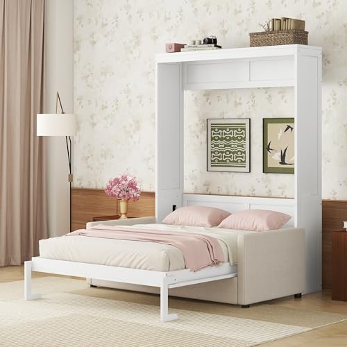 White Queen Size Wooden Murphy Bed with Cushion and Sofa Q89833