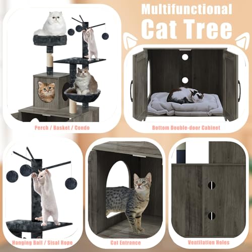 Grey Wood Cat Tree with Litter Box Enclosure A89987