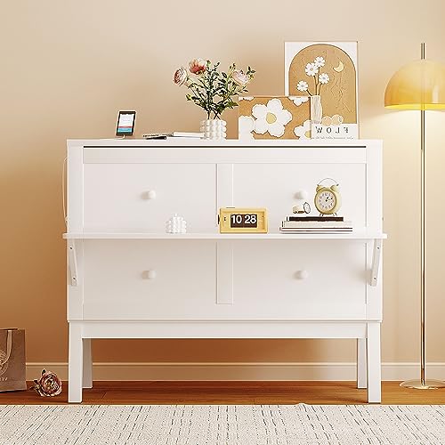 Full Size Murphy Bed with Desk, USB Port, and Shelves, White Wood Frame J83739