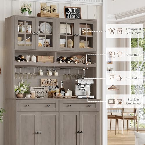 75.4" Tall White Kitchen Pantry Cabinet with Glass Doors and Drawers H780