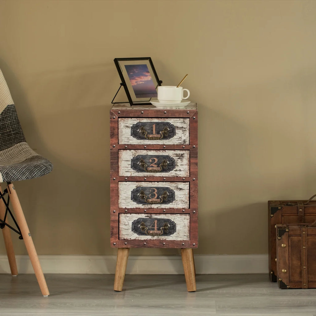 Antique Rustic Brown Wood Tallboy Chest with 4 Drawers P9862