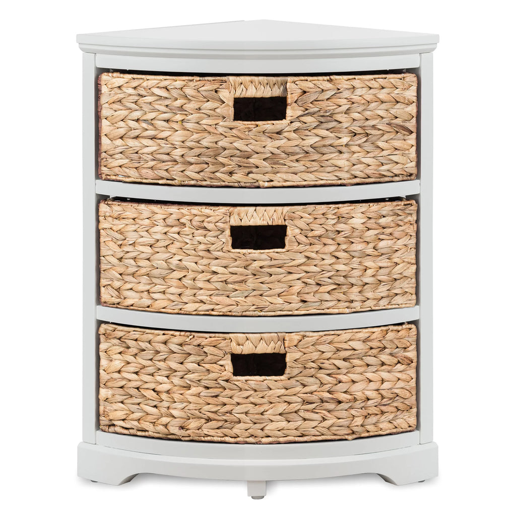 3 Tier Corner Storage Cabinet with 3 Natural Wicker Baskets, White R440