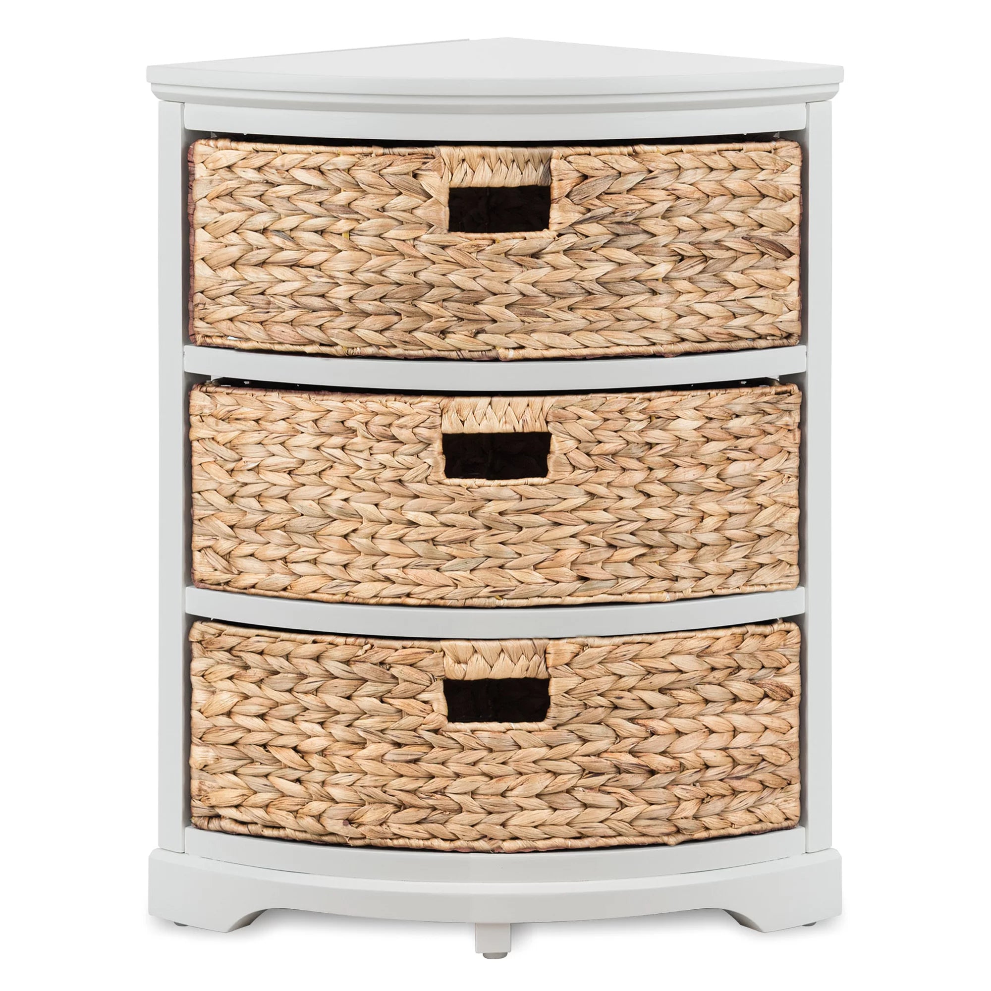 3 Tier Corner Storage Cabinet with 3 Natural Wicker Baskets, White R440
