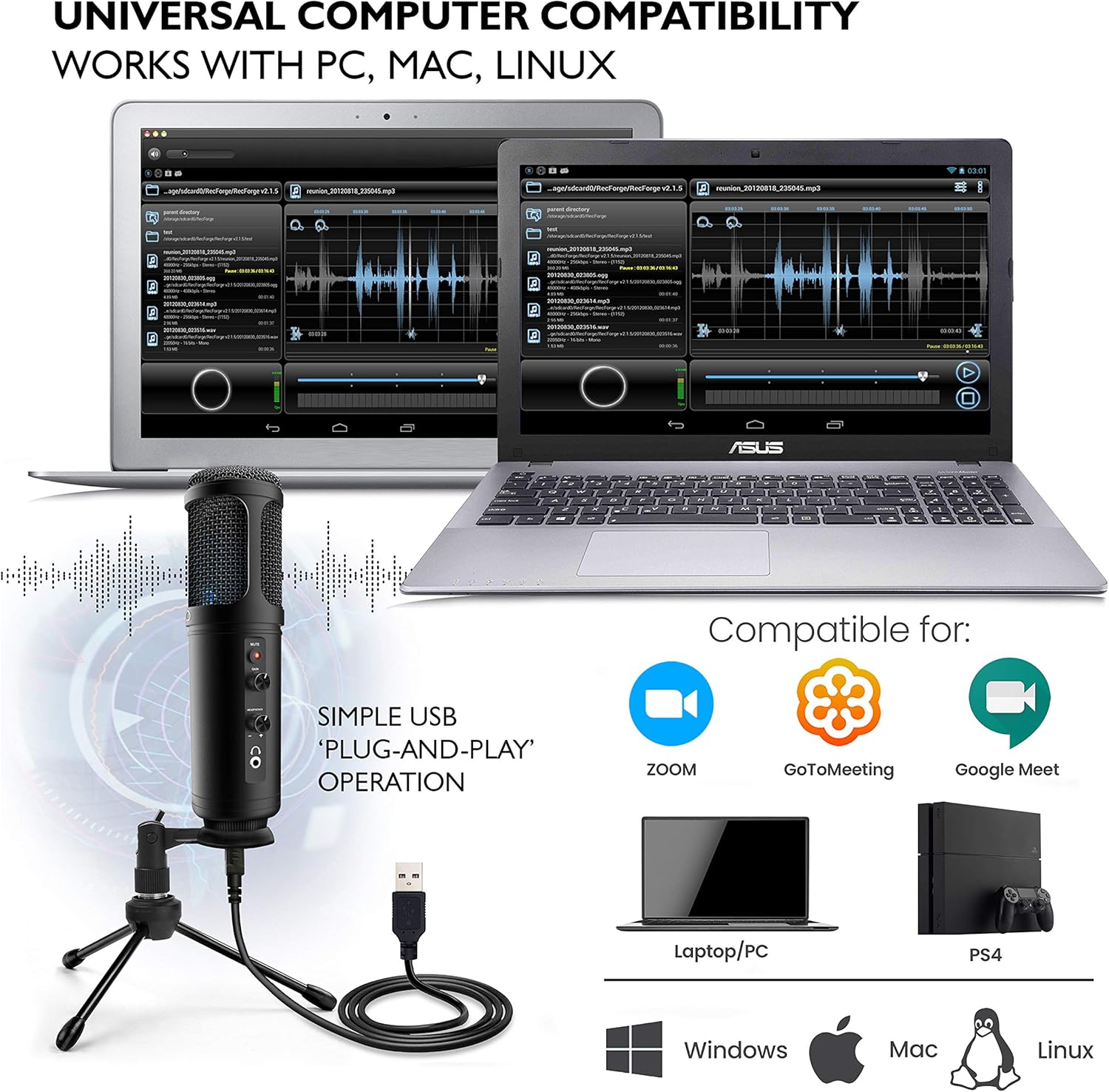 Blue LED Adjustable Gain Condenser Microphone with Tripod Stand Pack of 2 G406