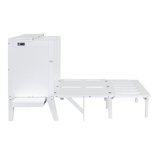 Full Size Murphy Bed with Desk, USB Port, and Shelves, White Wood Frame J83739