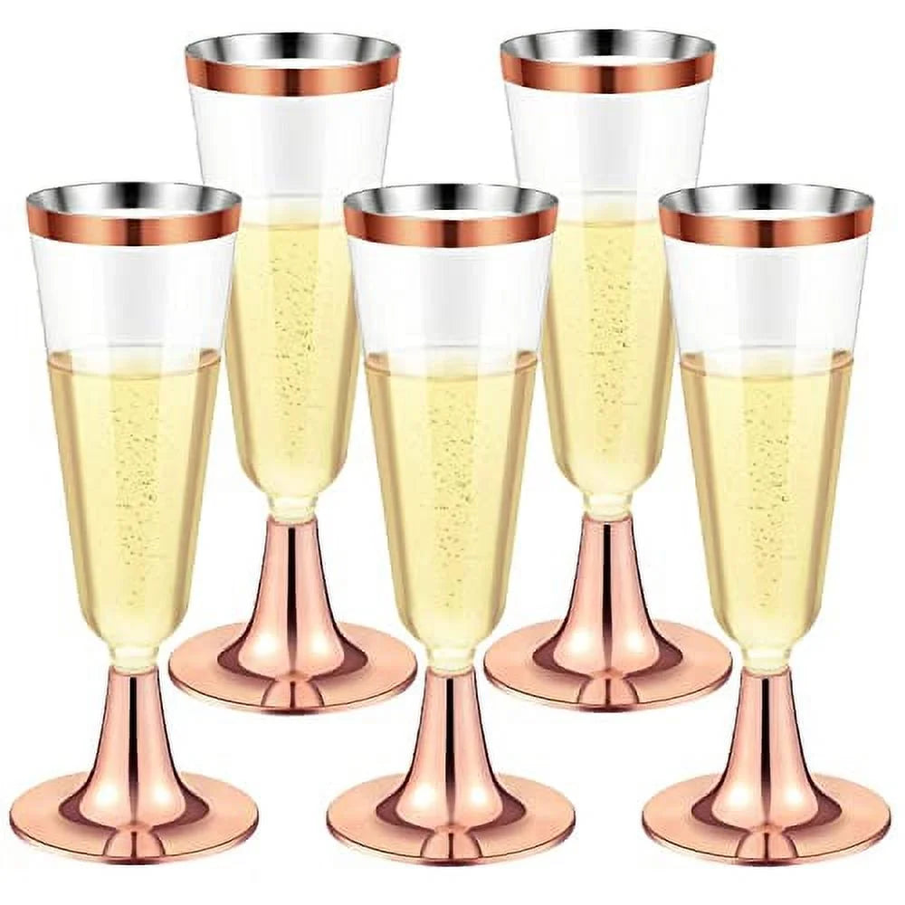 30 Pcs 150 ml Rose Gold Plastic Stemmed Champagne Flutes F2367