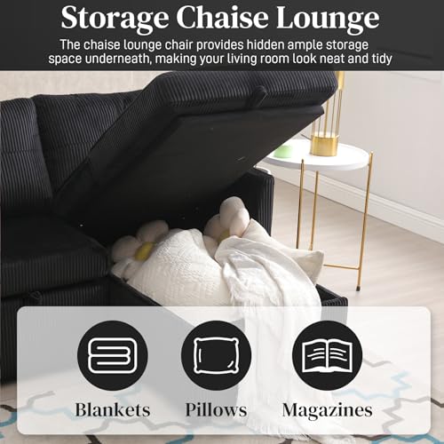 Beige Corduroy L-Shaped Sofa Bed with Storage Chaise C339