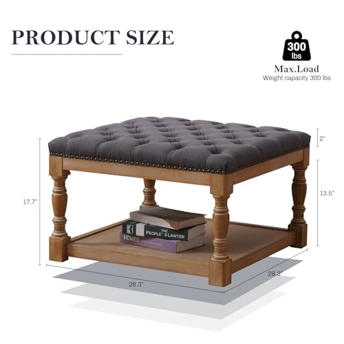 33-inch Large Square Ottoman Coffee Table with Storage Shelf and Solid Wood Legs Button Tufted Upholstered Linen Ottoman Stool (Beige) F1826
