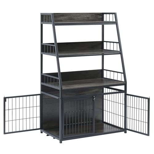 Heavy Duty Wooden Dog Crate with 3 Doors and 3-Layer Storage Shelves D45630