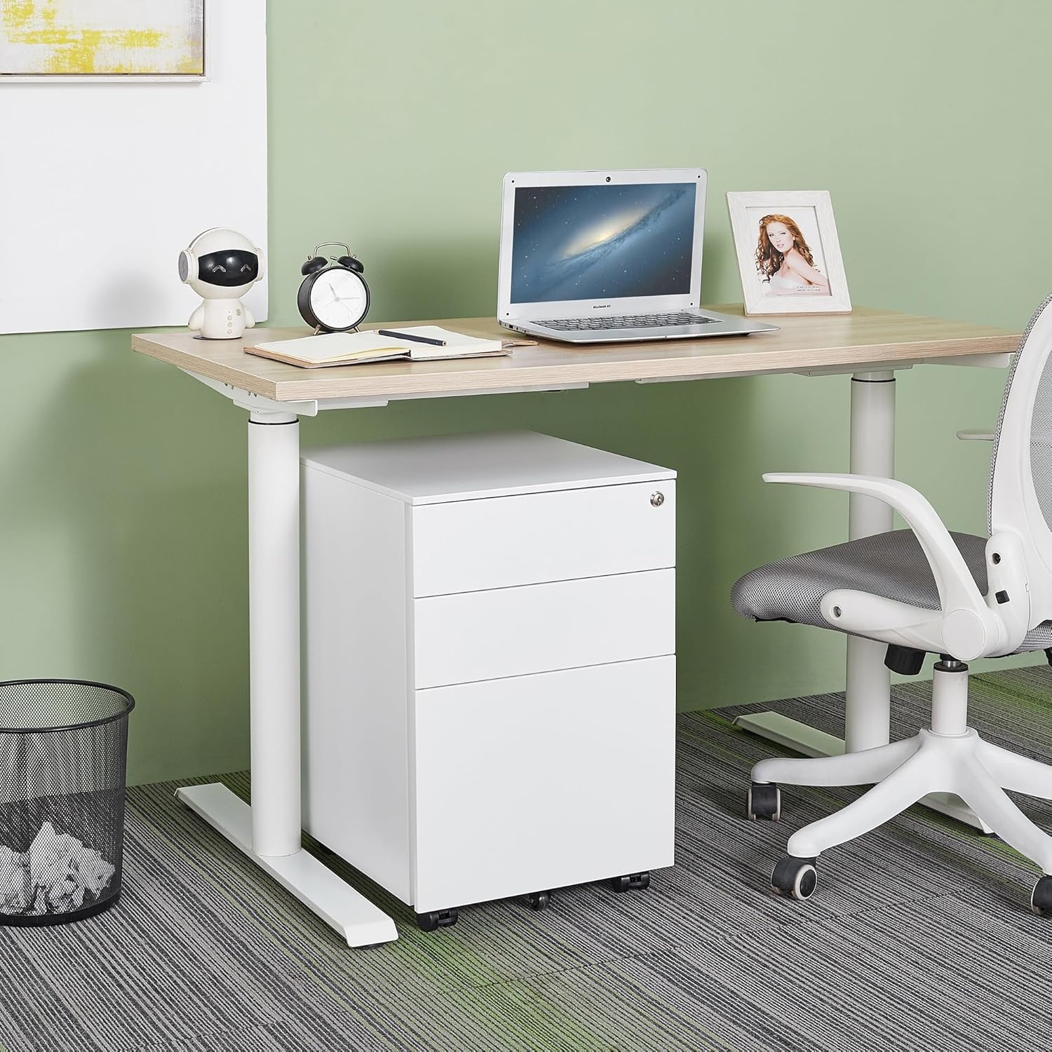 White 3 Drawer Steel Mobile File Cabinet with Lock H49373