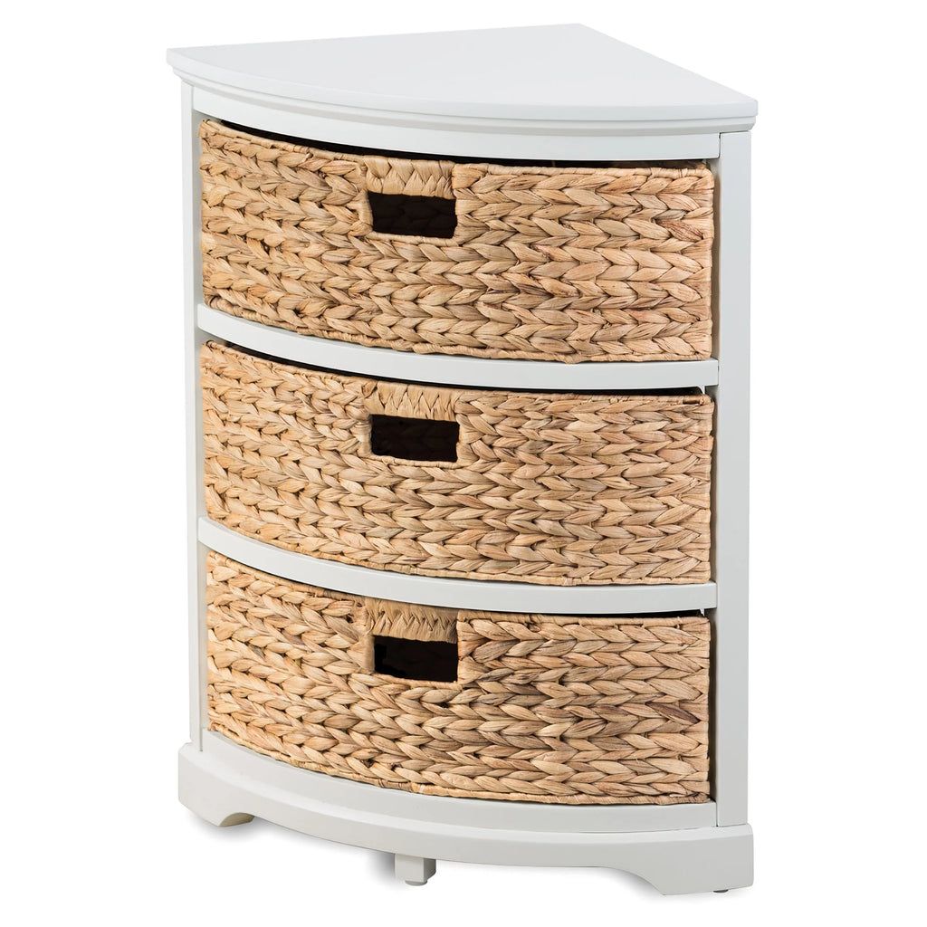 3 Tier Corner Storage Cabinet with 3 Natural Wicker Baskets, White R440