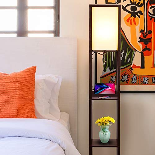 Black Shelf Floor Lamp with USB Ports and Shelves M5890