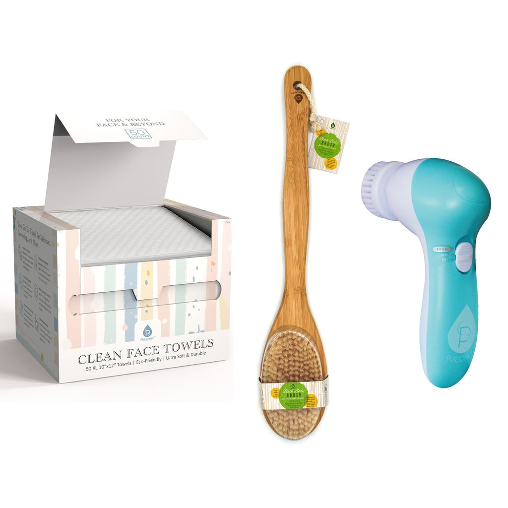 Complete Head-to-Toe Cleansing Set – Advanced Facial Brush + Biodegradable Clean Towels + Bamboo Body Brush