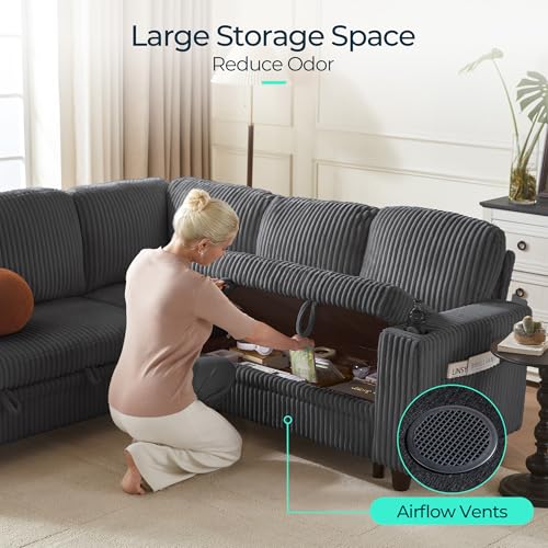 Grey Corduroy Sectional Sleeper Sofa with Pull Out Bed and Storage Chaise S505934