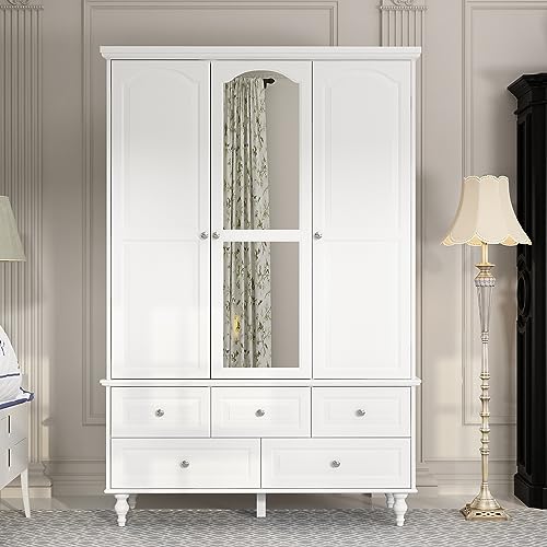 White 3 Door Wardrobe with Mirror and 5 Drawers R526953
