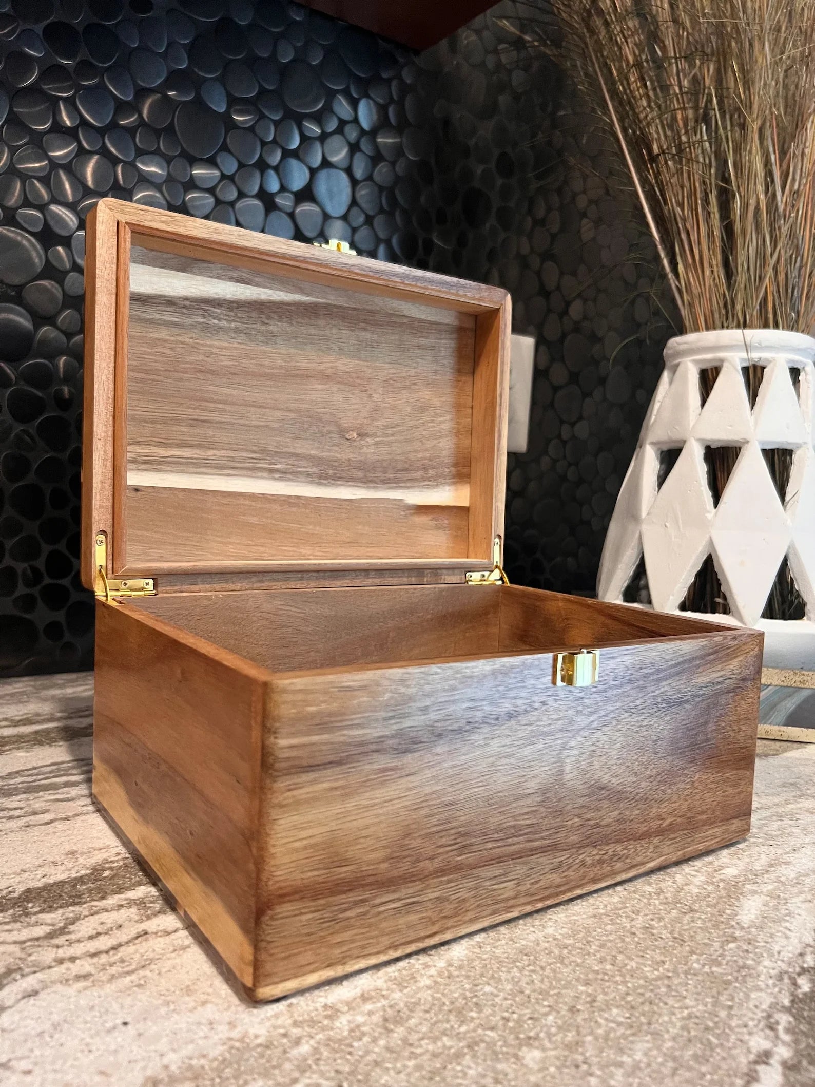 Acacia Wooden Storage Box with Hinged Lid T1535