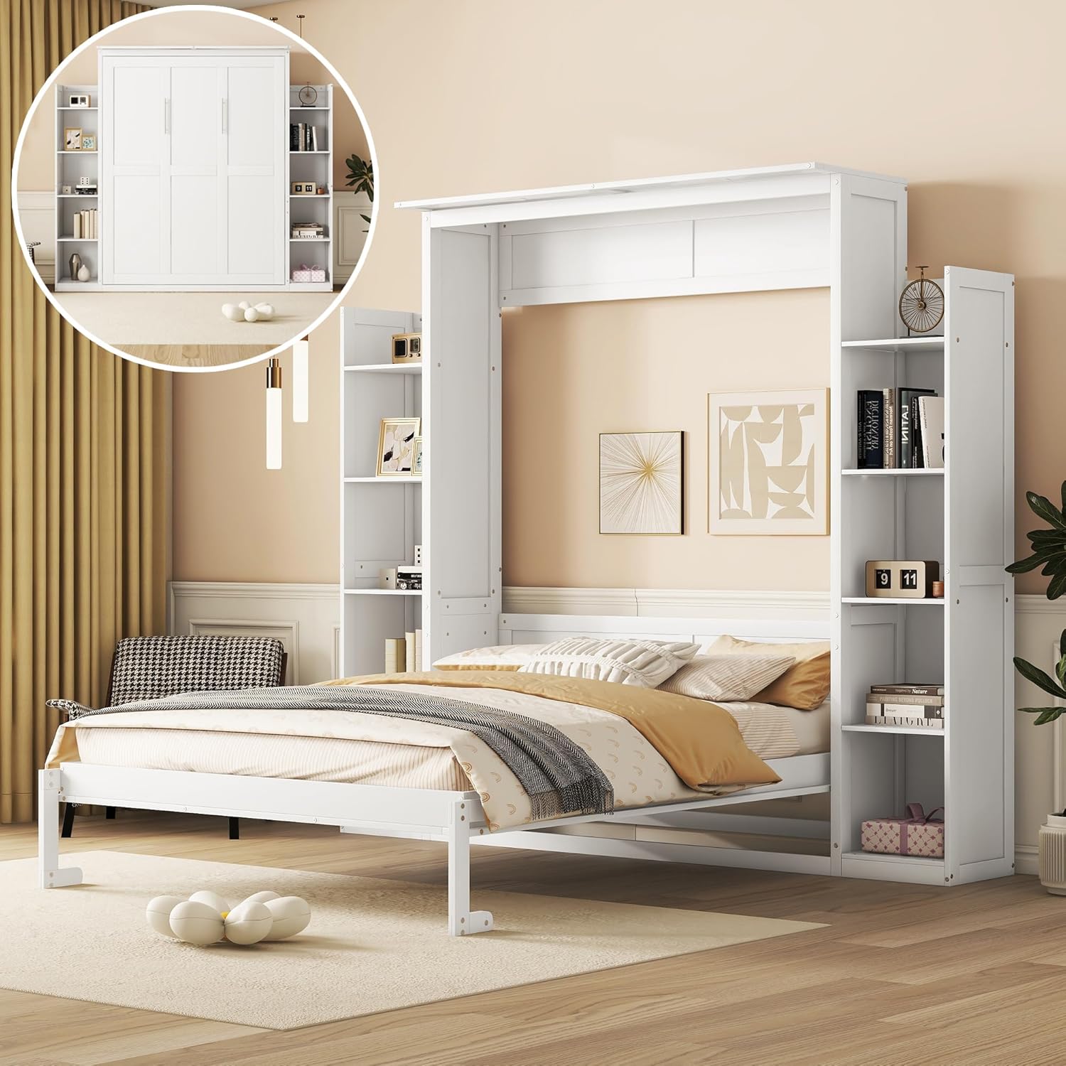 White Queen Size Wooden Murphy Bed with Shelves and LED Lights Z360166
