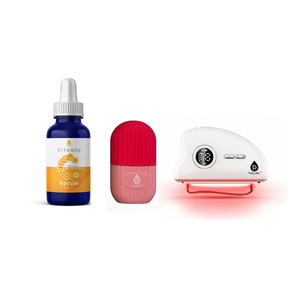 Radiance Renewal Set – Red Light Gua Sha Tool, Vitamin C Serum & Cooling Ice Roller