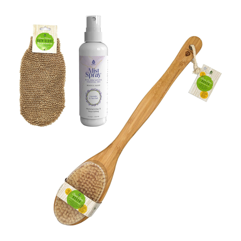 Pursonic Lavender & Sea Salt Mist Spray + Sisal Hemp Exfoliating Gloves + Bamboo Bath Body Brush Bundle
