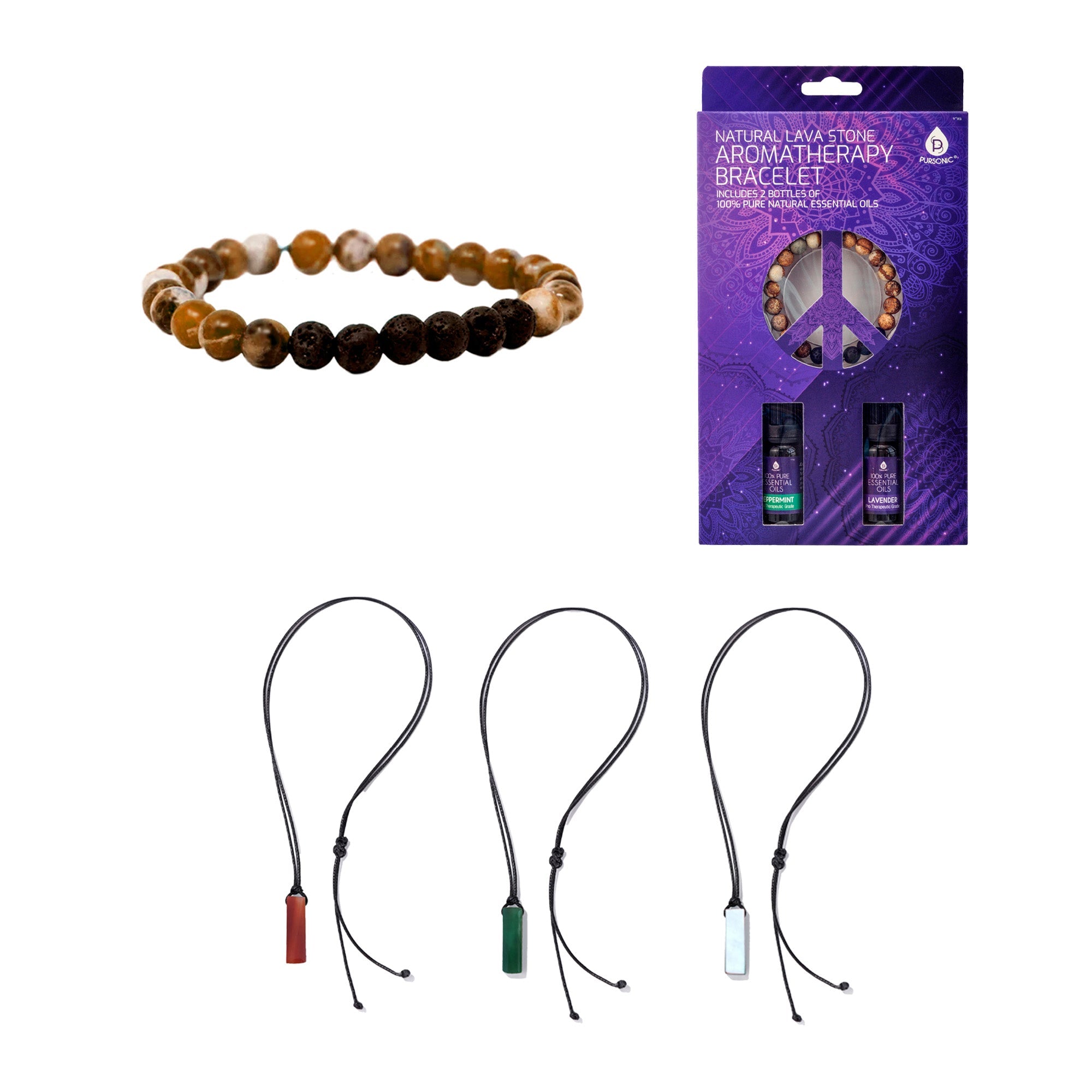 Mindful Energy Jewelry Set: Natural Lava Stone Bracelet with Essential Oils Set & Trinity Gemstone Necklace