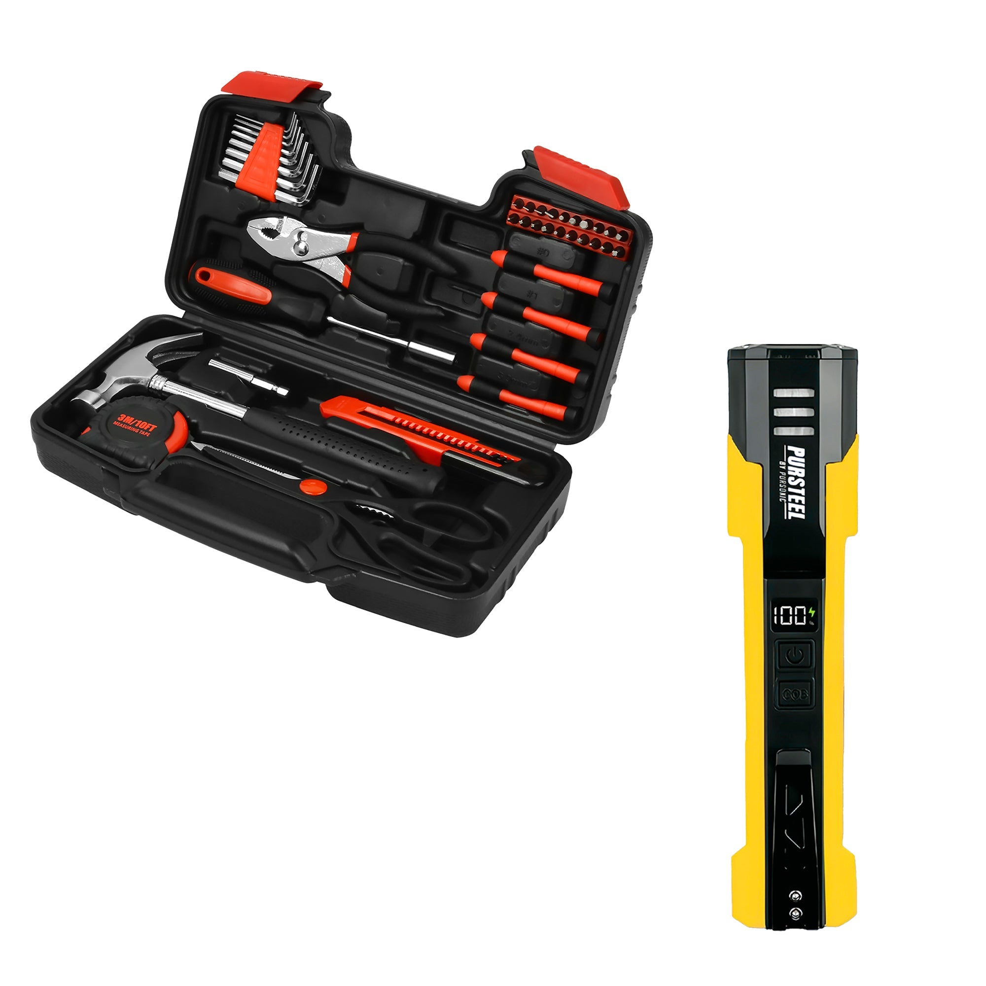 Pursonic UltraBright Flashlight + Handy Solutions 39-Piece Household Tool Kit Bundle