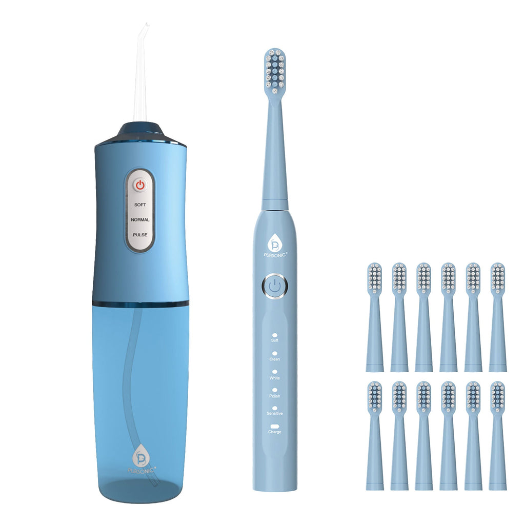 Pursonic Rechargeable Water Flosser & USB Electric Toothbrush with 12 Brush Heads – Advanced Oral Care Set