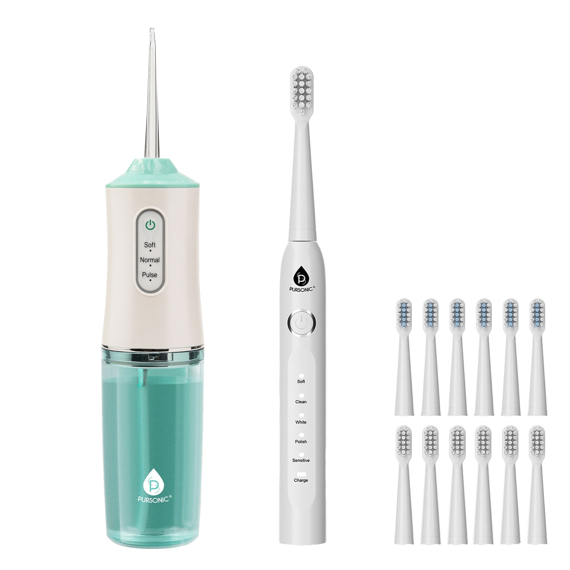 Pursonic Rechargeable Water Flosser & USB Electric Toothbrush with 12 Brush Heads – Advanced Oral Care Set