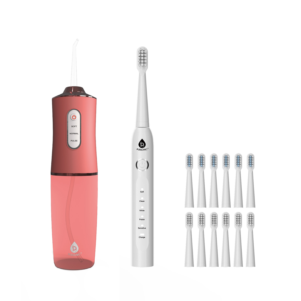 Pursonic Rechargeable Water Flosser & USB Electric Toothbrush with 12 Brush Heads – Advanced Oral Care Set