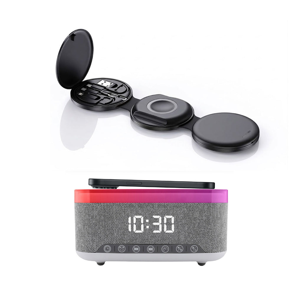 Ultimate 5-in-1 Tech Bundle: Folding Wireless Charger & Multi-Function Bedside Alarm Clock